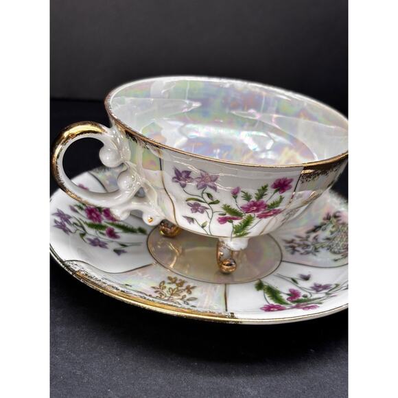Vtg 3 Footed Teacup Saucer Pearlescent Irridescent Luster ware Floral Gold Trim - Picture 11 of 15